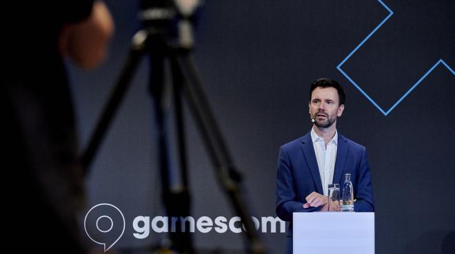 Felix Falk (Geschäftsführer game – Verband der deutschen Games-Branche) auf der Pressekonferenz zur gamescom 2022, Foto: Koelnmesse